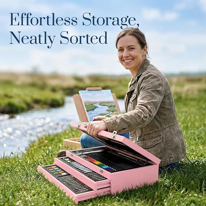 194 Piece Deluxe Art Set, Painting Drawing Art Supplies with 4 Drawing Pads, Acrylic Paints, Crayons, Colored Pencils Set in Wooden Case, Art Kit Gift Box for Kids, Teens, Adults, Artists, Beginners