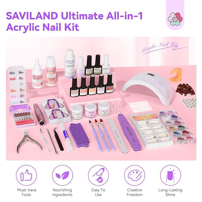SAVILAND Essentials Acrylic Nail Kit For Beginners: Ultimate All-In-1 Acrylic Set with EMA Monomer Practice Finger Nail Drill U V Light Full Tools For Women Gift