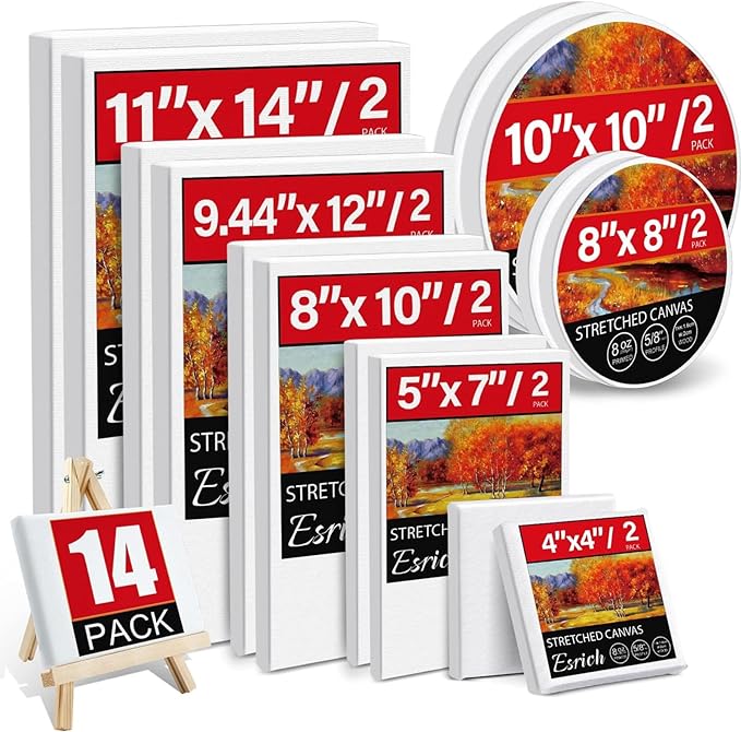 14 Packs Stretched Canvases for Painting, Multi Pack 11x14, 9.44x12, 8x10, 5x7, 4x4, Round Canvas with 8x8,10x10(2 of Each), Blank Primed Canvas, for Oil Paint, Acrylic Paint, for Beginners, Artists.