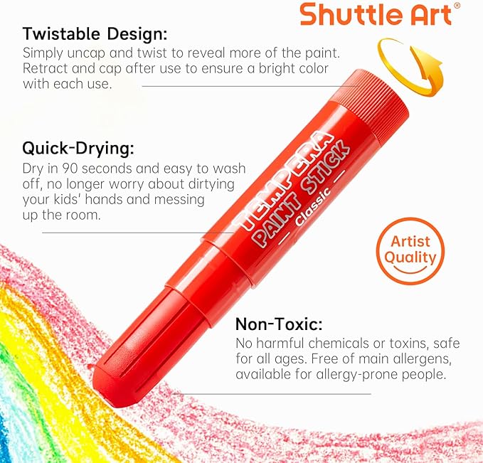 Shuttle Art Tempera Paint Sticks, 32 Colors Solid Tempera Paint for Kids, Super Quick Drying, No-Toxic, Works Great on Paper Wood Glass Ceramic Canvas