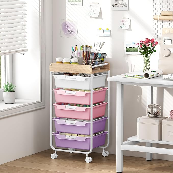 SYKIARIOL Rolling Storage Utility Cart with 5 Drawers,Craft Cart with Wheels,Makeup Organizer,Art Supply and Storage Wooden Tabletop,Purple