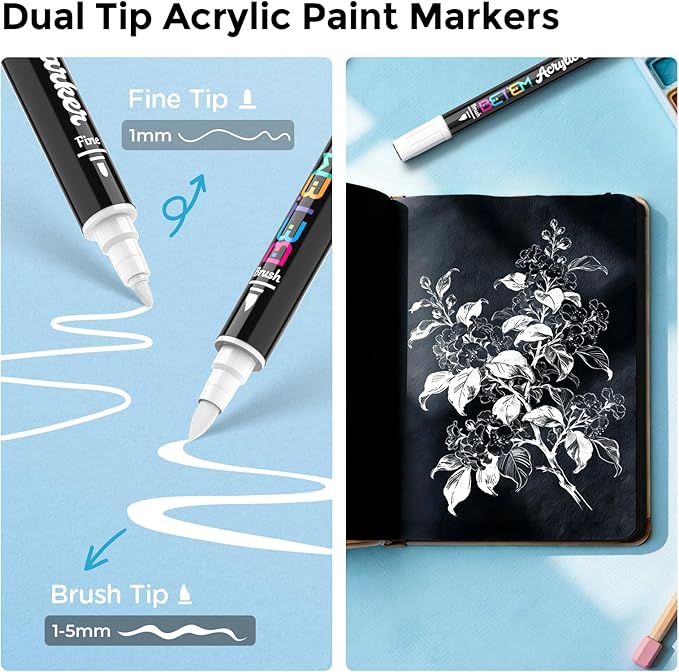 Betem Dual Tip Acrylic Paint Pens, 2 White Paint Markers for Glass, Window, Fabric, Wood, Rock, Canvas, Acrylic Markers with Fine & Brush Tip, Art & Craft Supplies, Teacher Appreciation Gift