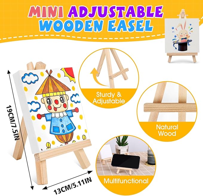 ESRICH 16 Set Mini Acrylic Paint Kit, 5in Mini Stretched Canvas with 7.5in Easel, Acrylic Paint Strips, Paint Palettes, Painting Brushes, Small Canvas and Easel Set for Kids Artists Beginner, Gift