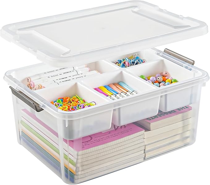 Stebopum 17 QT Plastic Storage Box with Removable Tray Art Supply Craft Organizers and Storage Stackable Storage Container for Organizing Bead, Tool, Sewing, Book, Crayon, Playdoh(Clear)