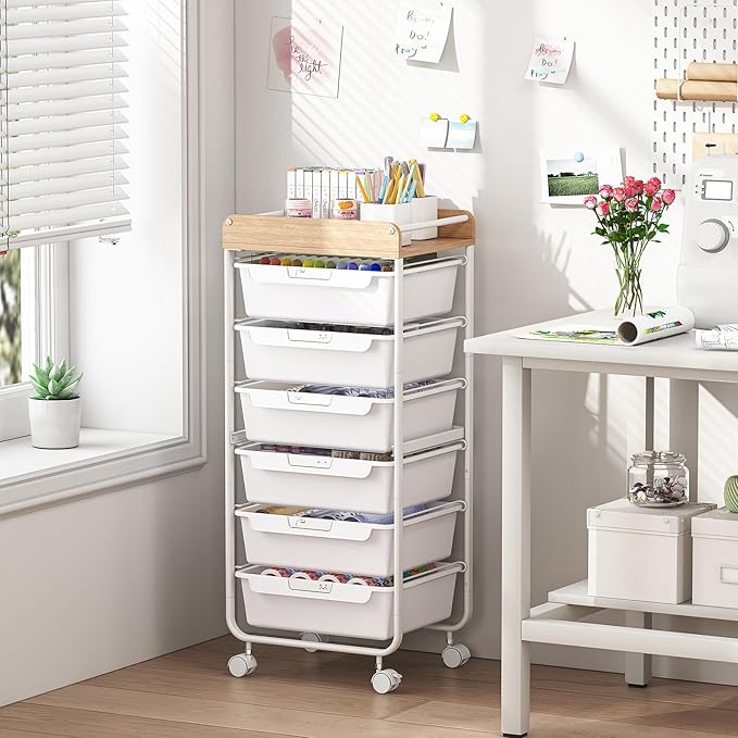 SYKIARIOL Rolling Cart with 6 Drawers,Utility Storage Cart with Drawers,Art Craft Organizers and Storage,Makeup Organizer with Wooden Tabletop,White