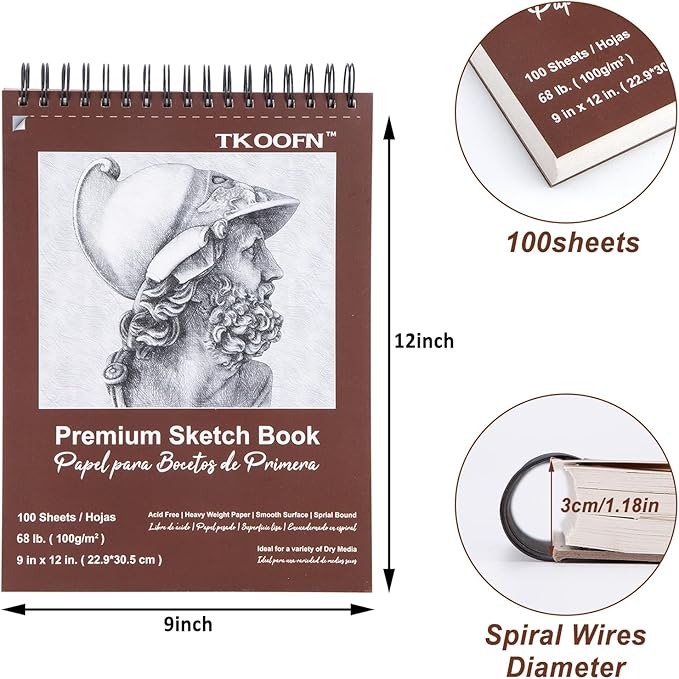 TKOOFN 5 Pack 9" x 12" Sketch Book Bulk (500 Sheet Total), Top Spiral Bound Premium Sketchbook Drawing Pads(68lb/100gsm), Acid-Free Painting Paper Drawingbook for Adults Kids Artists Beginners