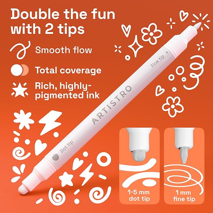 ARTISTRO 5 White Precision Dual-Tip Acrylic Paint Markers – Paint Pens Set with Dot & Fine Tips for Fabric, Rock, Glass, Wood, Coloring Books – Classroom & Art Supplies Gift Teacher Appreciation Gift
