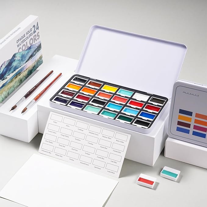Fuumuui 24 Opaque Semi-Moist Watercolor Paint Set, Vivid Bright Professional Art Supplies with Strong Pigments & Coverage, for Artists Beginner Painters Amateur Hobbyists Painting