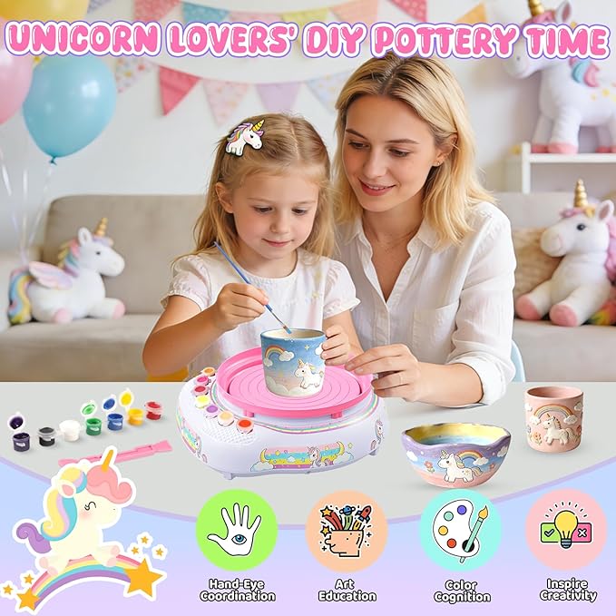 Pottery Wheel for Kids Complete DIY Pottery Painting Kit, Arts and Crafts for Kids Ages 8-12 with 3 Air-Dry Clay Packs and Tools, Unicorn Art Supplies Toys Birthday Gift for Boys Girls 6+ Years Old