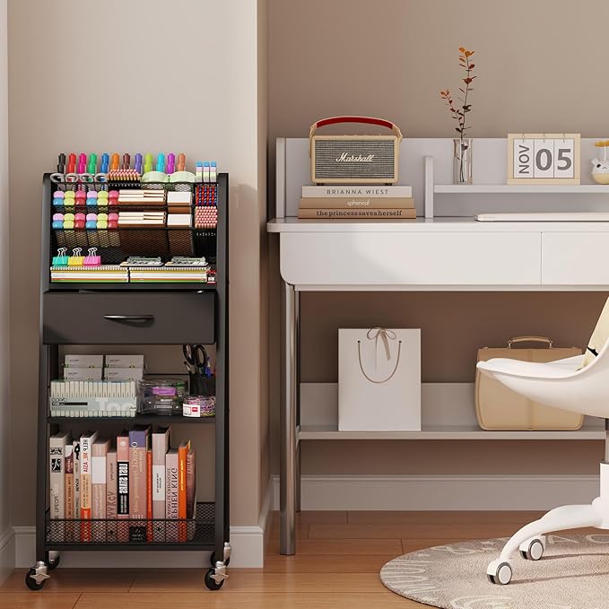 Homsorout 3 Tier Rolling Cart - Metal Utility Cart with Storage Drawer and Wheels, Versatile Art & Craft Organizer for Home, Office, or Studio - Ideal for Storing Brushes, Paints, and Supplies（Black）