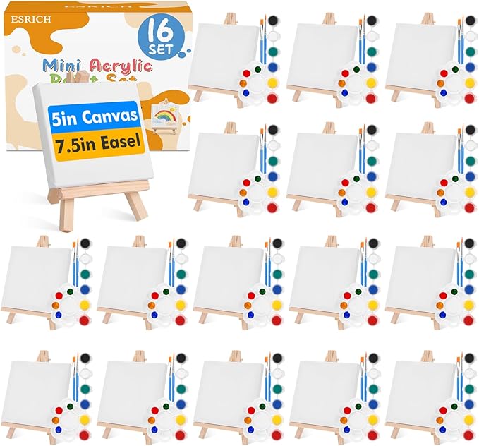ESRICH 16 Set Mini Acrylic Paint Kit, 5in Mini Stretched Canvas with 7.5in Easel, Acrylic Paint Strips, Paint Palettes, Painting Brushes, Small Canvas and Easel Set for Kids Artists Beginner, Gift