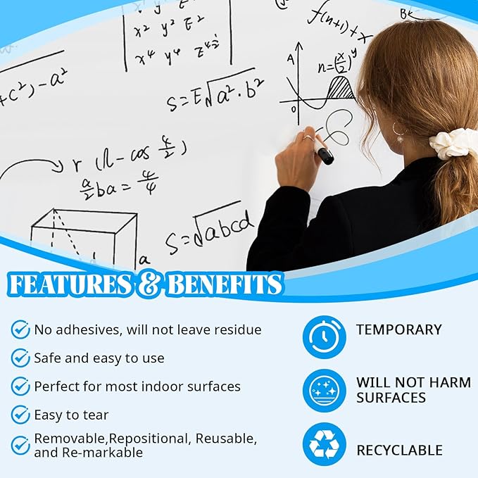 18in x 100ft Static Cling White Board Dry Erase Wallpaper Sticker, Removable Reusable Whiteboard Paper for Wall, No Adhesive No Residue, Stain-Proof White Board Dry Erase Roll for Office, Classroom