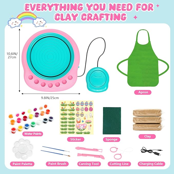 Easter Pottery Wheel for Kids Complete DIY Pottery Painting Kit, Arts and Crafts for Kids Ages 8-12 with 3 Air-Dry Clay Packs and Tools, Art Supplies Toys Birthday Gift for Boys Girls 6+ Years Old