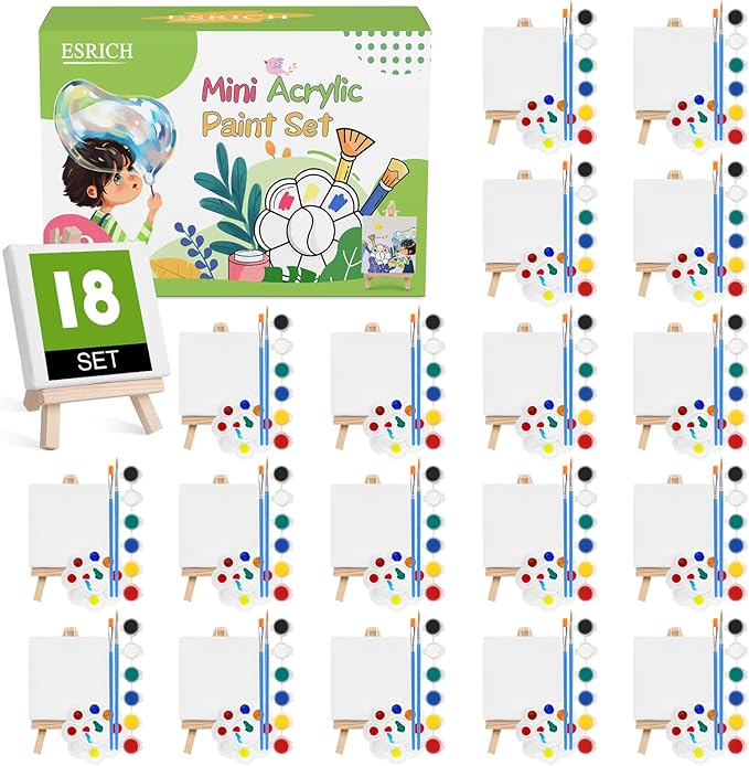 ESRICH 18 Set Mini Acrylic Paint Kit, Minis Stretched Canvas with Easel, Acrylic Paint Strips, Palettes, Painting Brushes, Mini Canvas and Easel Set for Kids Artists Beginner, Gifts