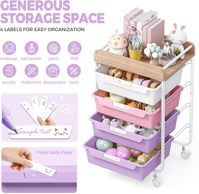 SYKIARIOL Rolling Storage Utility Cart With 4 Drawers,Kids Craft Art Cart,Makeup Organizer And Storage with Wooden Tabletop,Purple