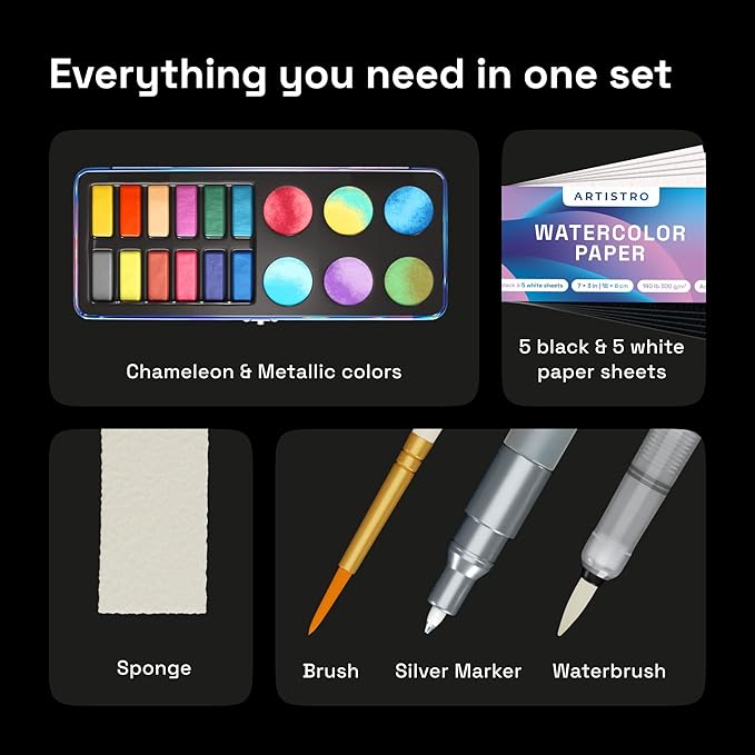ARTISTRO 18 Metallic Color Watercolor Paint Set - Portable Paint Art Kit with Palette and Brush Pens - Travel Water Color Set for Adults, Professionals, Kids - Art and Painting Supplies - Gift Idea