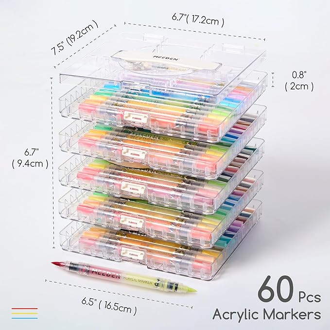 MEEDEN Acrylic Paint Markers Dual Tip: 120 Colors/60 Pcs Brush Tip Acrylic Marker with Automatic Ink Control for Art Supplies - Quick Dry Paint Pens for Rock, Wood, Glass, Easter Basket Stuffers