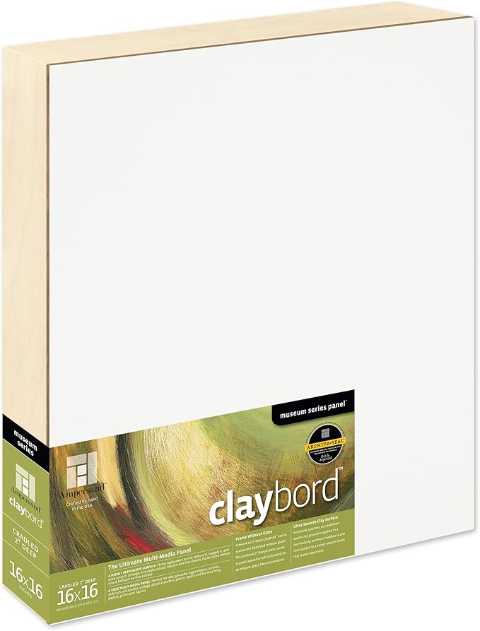 Ampersand Art Supply Claybord | 16" x 16" | 2" Cradled Profile | Kaolin Clay Painting Panel for Acrylic, Ink, Watercolor & Mixed Media | Canvas & Paper Alternative