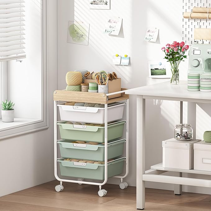 SYKIARIOL Rolling Storage Utility Cart with 4 Drawers,Kids Craft Art Cart,Makeup Organizer and Storage with Wooden Tabletop,Green