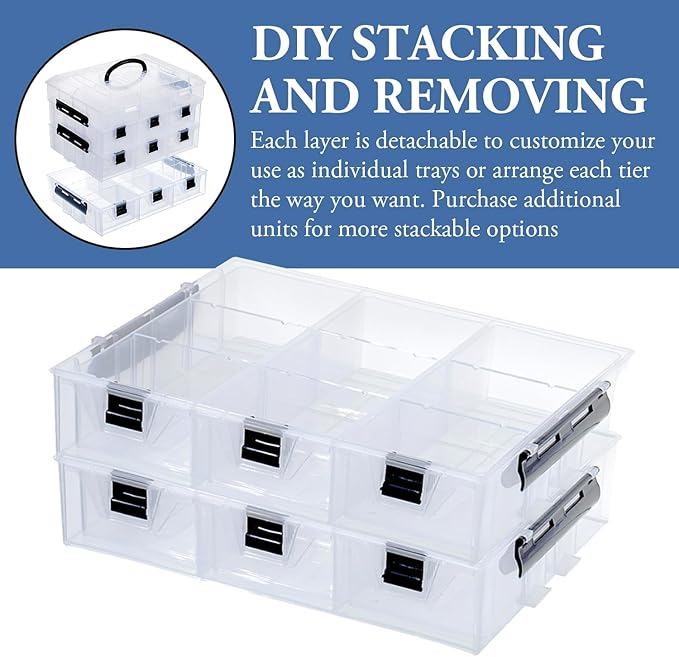 MyGift Single Add-on Tray for 11 Inch Clear Arts and Crafts Stackable Storage Box, Sewing Supplies Storage Organizer Case Accessory Optional Tray with Black Accents, 3 Drawers and Removable Dividers