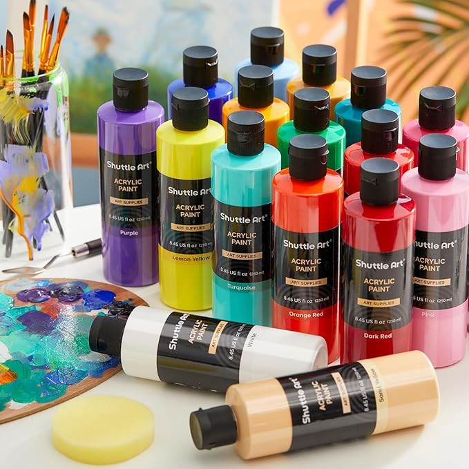 Shuttle Art Acrylic Paint, 24 Colors Acrylic Paint Bottle Set, 250ml/8.45oz Each, Rich Pigments, High Viscosity, Bulk for Artists, Beginners and Kids Painting on Rocks Crafts Canvas Wood