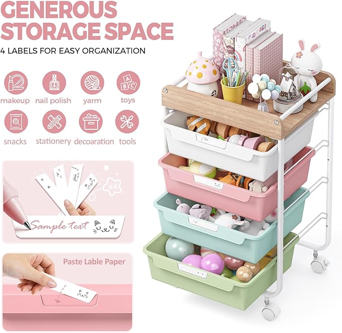 SYKIARIOL Rolling Storage Utility Cart with 4 Drawers,Kids Craft Art Cart,Makeup Organizer and Storage with Wooden Tabletop,Colorful