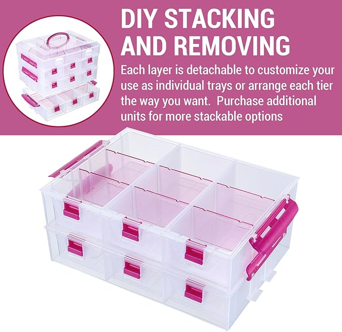 MyGift Stackable Single Tray Add-On for 11-Inch Clear Arts & Crafts Container, 9-Compartment Sewing Supplies Organizer with Removable Dividers for Craft Storage, Includes 3 Drawers