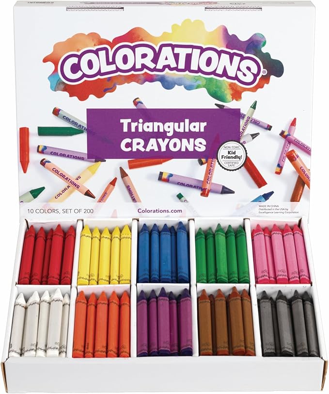 Colorations Large Triangular Crayon Classroom Pack, 16 Colors, 20 of Each, Set of 200, Shape is Easier to Hold & Grip, Glide Easily, Kids School Supplies