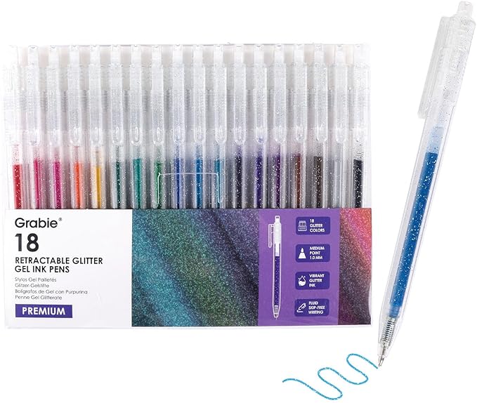 Grabie Glitter Gel Pens, 18 Colors Glitter Gel Pens Set, Retractable Sparkle Gel Ink Pens for Coloring Books, Journaling, Drawing, Scrapbooking & DIY Crafts, Smooth Writing Art Pens for Creative Work