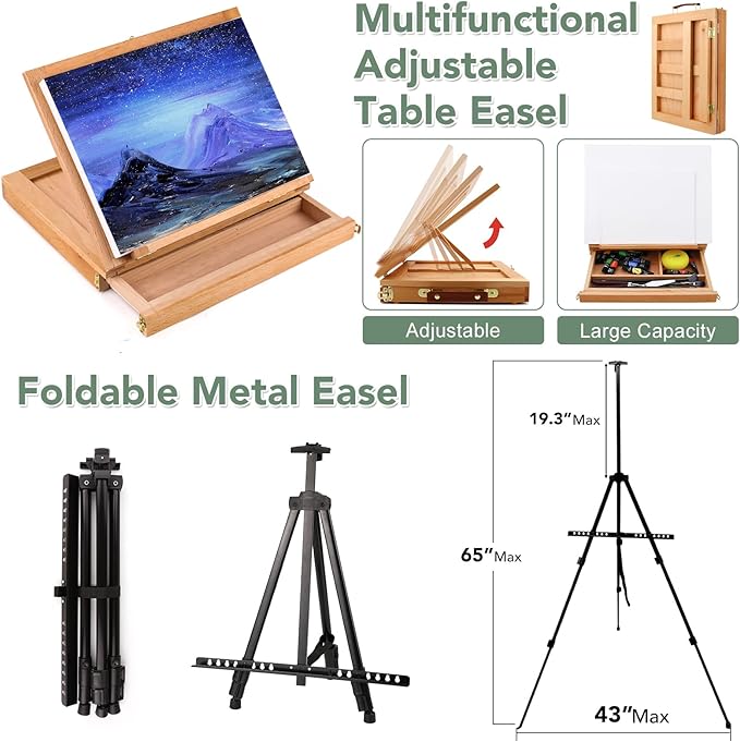 ESRICH 141PCS Deluxe Artist Painting Set, Painting Supplies with 84 Paint(Oil, Watercolor，Acrylic Paint) Metal and Wooden Easels, Canvas, Paper Pads, Paintbrushes etc. for Adults, Kids, Artists