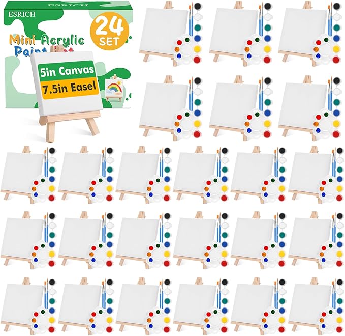 ESRICH 24 Set Mini Acrylic Paint Kit, 5in Mini Stretched Canvas with 7.5in Easel,Acrylic Paint Strips, Paint Palettes, Painting Brushes, Small Canvas and Easel Set for Artists Beginner, Gift
