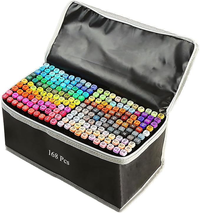 ZECHOMA 168 Colors Alcohol Markers Artist Drawing Art Dual Tip Markers Perfect for Kids Students Adult(168 Black Shell)