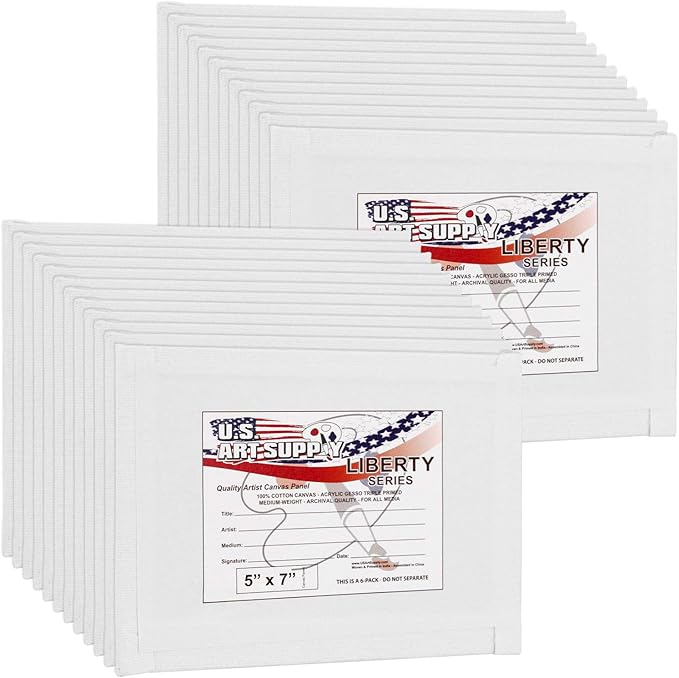 U.S. Art Supply 5 X 7 Inch Art Canvas Board Panels 24 Pack - 8 Ounce Heavyweight Cotton Acid Free Canvases for Painting Acrylics and Watercolor (1 Case of 24 Single Canvas Painting Panels)
