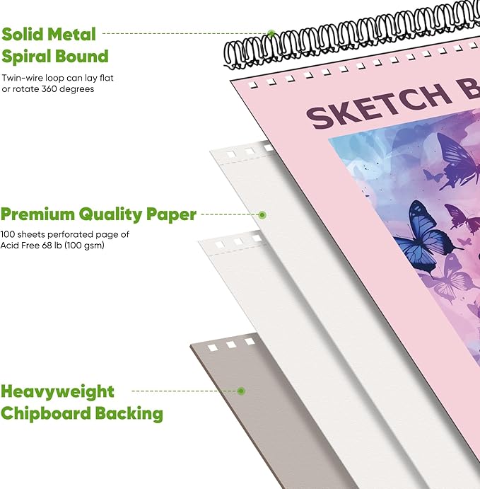 Soucolor 9" x 12" Cute Sketch Book, Aesthetic Cute Preppy Stuff School Supplies, 1-Pack 100 Sheets Spiral Bound Girls Sketchbook, (68lb/100gsm) Acid Free Drawing Book Paper Sketching Pad