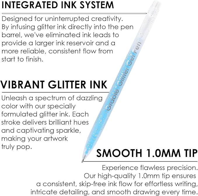 Grabie Set of 42 Glitter Gel Pens Set, Silver Sparkle Ink, 1.0mm Fine Tip Gel Pens for Adult Coloring Books, Journaling, Drawing, Scrapbooking, Smooth Writing Art Supplies