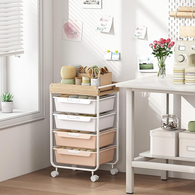 Rolling Storage Utility Cart With 4 Drawers,Kids Craft Art Cart,Makeup Organizer And Storage with Wooden Tabletop,Pearl