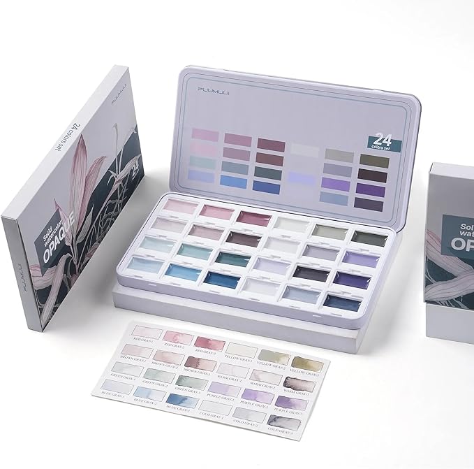 Fuumuui Watercolor Paint Set- 24 Color Opaque Semi-Moist Watercolor Paint, Gray Palette Sets Professional Adult Beginner Artist Supplies for Realistic Landscape Portrait Art Painting