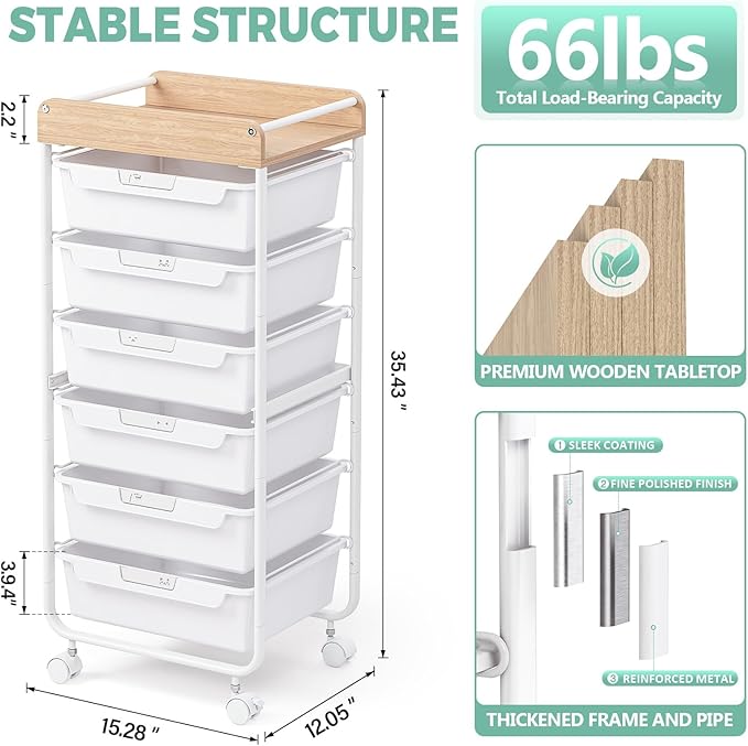 SYKIARIOL Rolling Cart with 6 Drawers,Utility Storage Cart with Drawers,Art Craft Organizers and Storage,Makeup Organizer with Wooden Tabletop,White