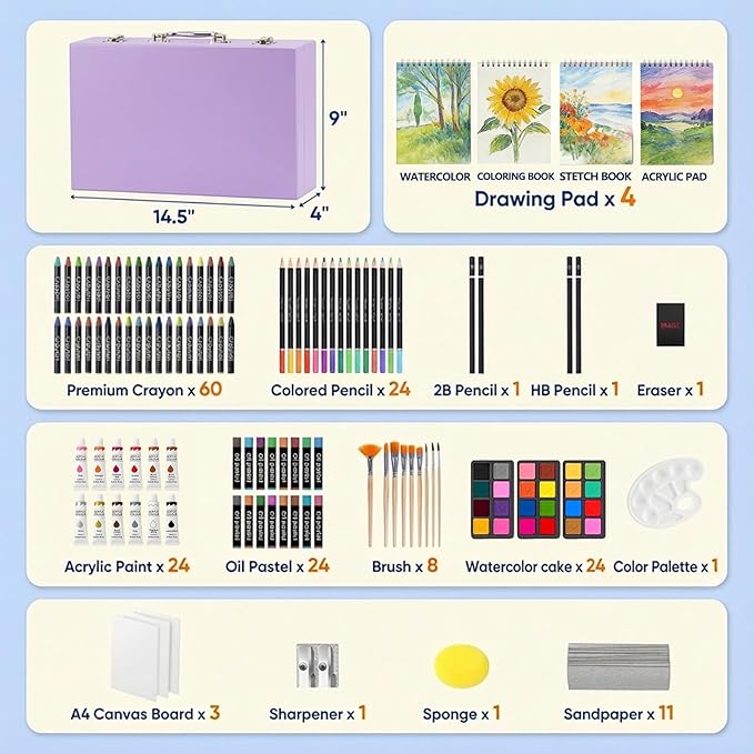194 Piece Deluxe Art Set, Painting Drawing Art Supplies with 4 Drawing Pads, Acrylic Paints, Crayons, Colored Pencils Set in Wooden Case, Art Kit Gift Box for Kids, Teens, Adults, Artists, Beginners