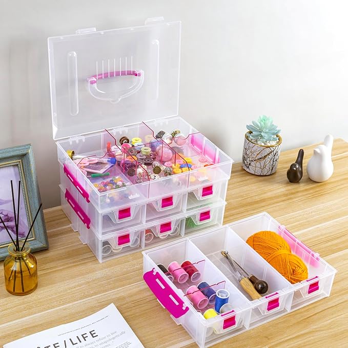 MyGift Stackable Single Tray Add-On for 11-Inch Clear Arts & Crafts Container, 9-Compartment Sewing Supplies Organizer with Removable Dividers for Craft Storage, Includes 3 Drawers
