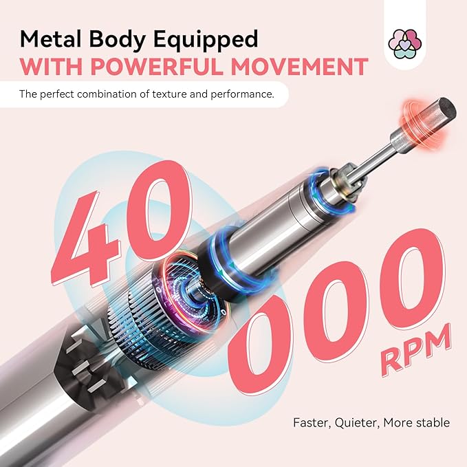 SAVILAND Professional Nail Drill : 40000RPM Rechargeable Pink Nail Drill Kit Electric Filer with 6000mAh Battery for Shaping, Removing & Polishing Acrylic Nails Home Salon Manicure Pedicure Ideal Gift