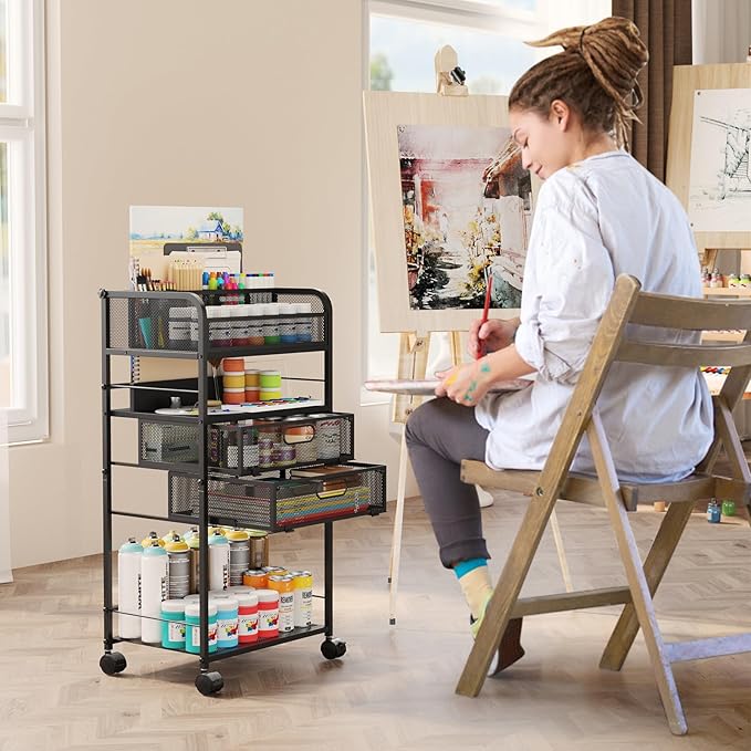 Homsorout Art cart, 5 Tier Rolling Cart - Utility Cart with Storage Drawer and Wheels, Versatile Art & Craft Organizer for Home, Office, or Studio Ideal for Storing Brushes, Paints （Black）