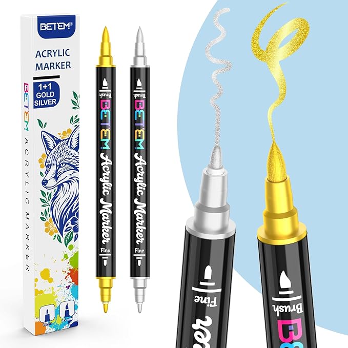 Betem Dual Tip Acrylic Paint Pens, Gold & Silver Paint Markers for Glass, Window, Fabric, Wood, Rock, Canvas, Acrylic Markers with Fine & Brush Tip, Art & Craft Supplies, Teacher Appreciation Gift