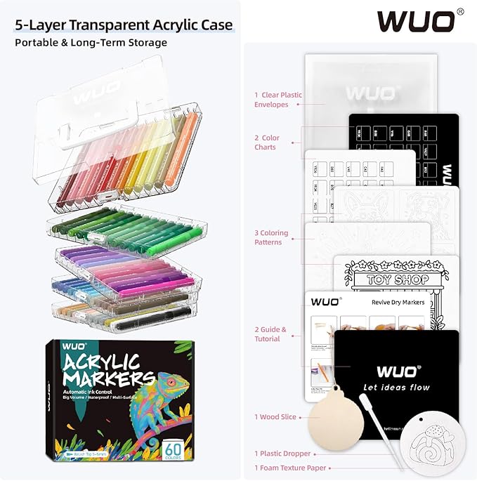 WUO 60 Colors Acrylic Paint Markers, High Opacity Automatic Ink Control Brush Tip Pens, Water-Based No-Bleed Markers for Rock, Canvas, Wood, Glass, Ceramic, and DIY Art Supplies