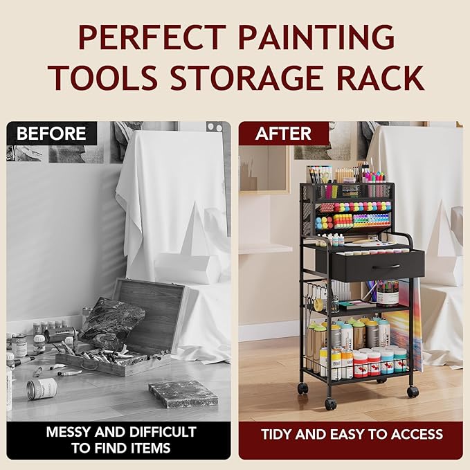 Homsorout Art cart, 3 Tier Rolling Cart - Utility Cart with Storage Drawer and Wheels, Versatile Art & Craft Organizer for Home, Office, or Studio Ideal for Storing Brushes, Paints (Black)