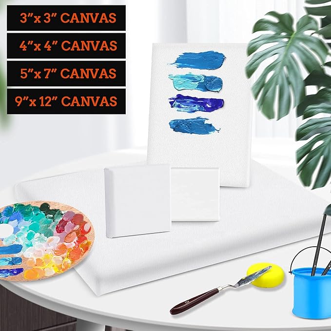 ESRICH 4 Pack Stretched Canvas for Painting with 9x12, 5x7, 4x4, 3x3, Primed Acid-Free Cotton Blank Canvases for Painting, Painting Canvas for Oil & Acrylic Paint.