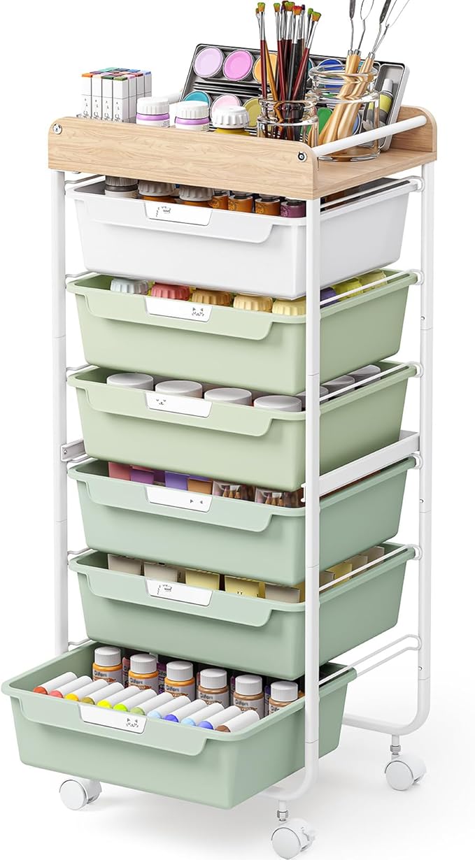 SYKIARIOL Rolling Cart with 6 Drawers,Utility Storage Cart with Drawers,Art Craft Organizers and Storage,Makeup Organizer with Wooden Tabletop,Green