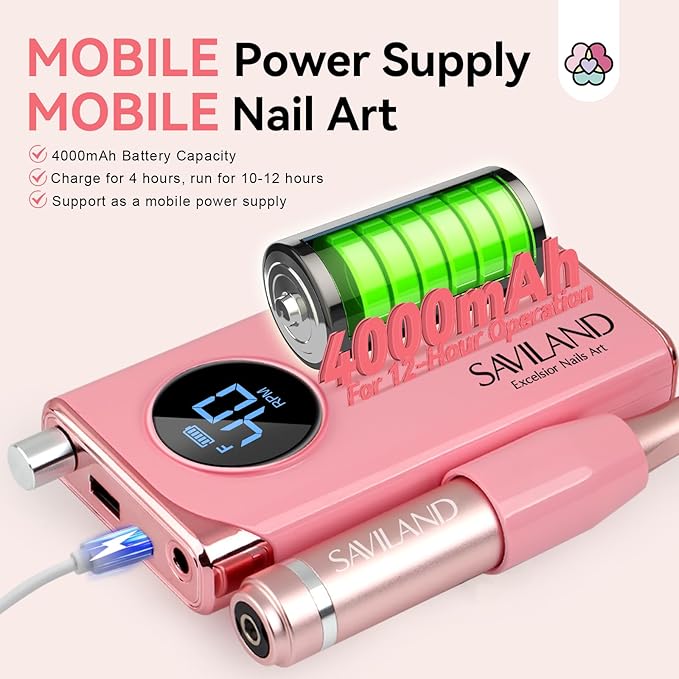 SAVILAND Professional Nail Drill : 40000RPM Rechargeable Pink Nail Drill Kit Electric Filer with 6000mAh Battery for Shaping, Removing & Polishing Acrylic Nails Home Salon Manicure Pedicure Ideal Gift