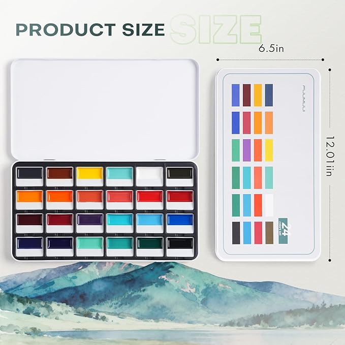 Fuumuui 24 Opaque Semi-Moist Watercolor Paint Set, Vivid Bright Professional Art Supplies with Strong Pigments & Coverage, for Artists Beginner Painters Amateur Hobbyists Painting