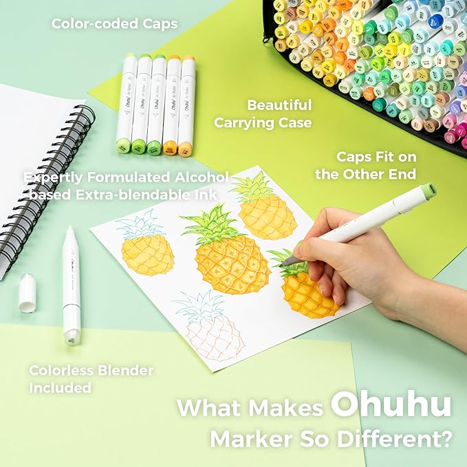 Ohuhu Refillable 320 Colors Alcohol Markers Brush Tip- Double Tipped Alcohol-based Art Sketch Marker Set for Artist Adults Coloring Illustration - Honolulu B of Ohuhu Markers -Brush & Fine Dual Tips
